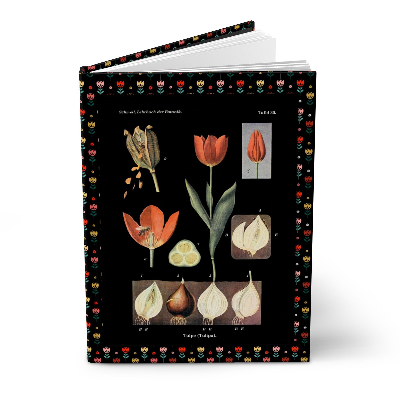 Tulip Hardcover Journal Open to Blank Pages Open botanical hardcover notebook displaying smooth blank white pages on a neutral background.