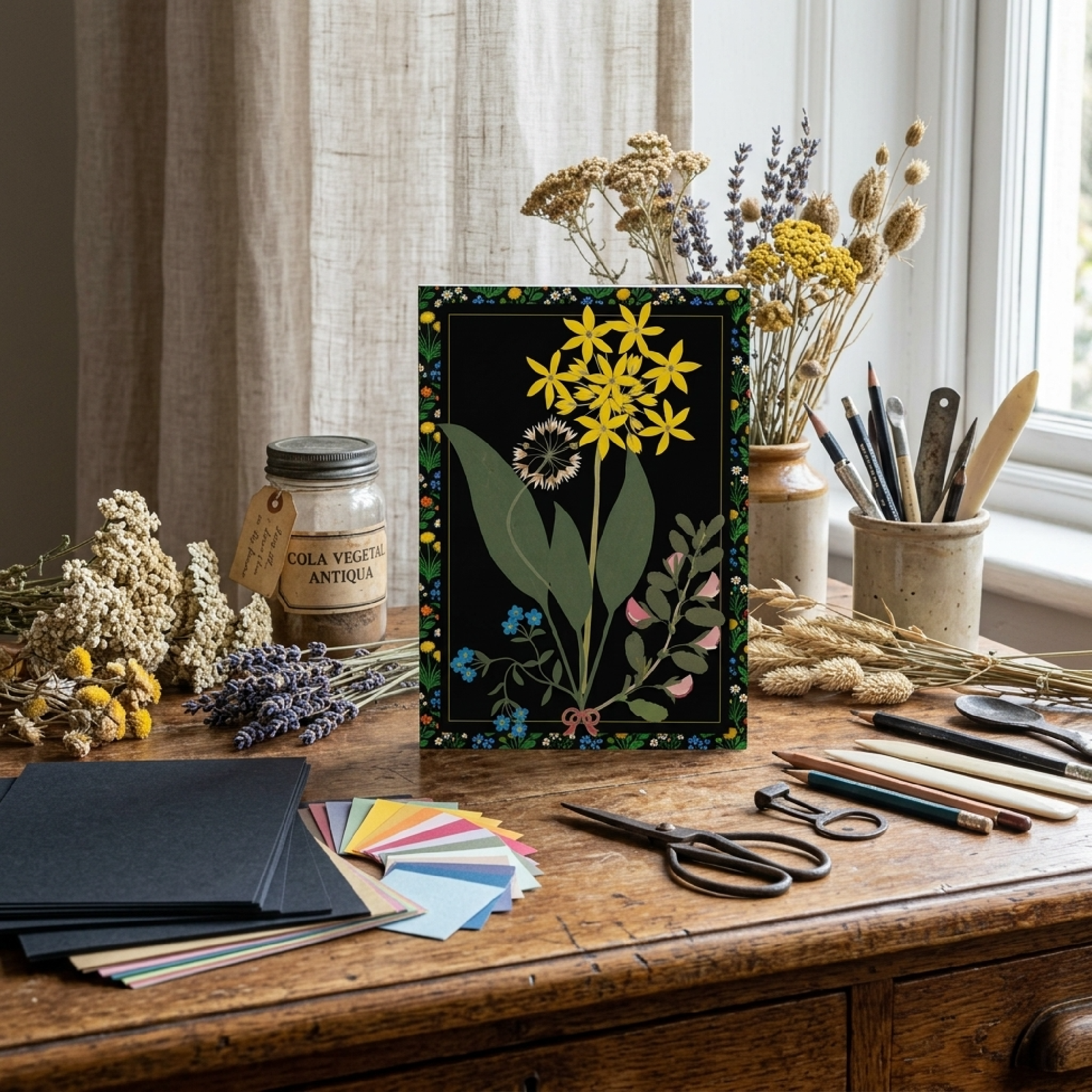 Wildflower Journal Lifestyle Desk View Victorian botanical journal placed on an artist wooden desk surrounded by vintage stationery elements