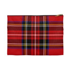 Small red tartan plaid accessory pouch with a black zipper on a neutral background.