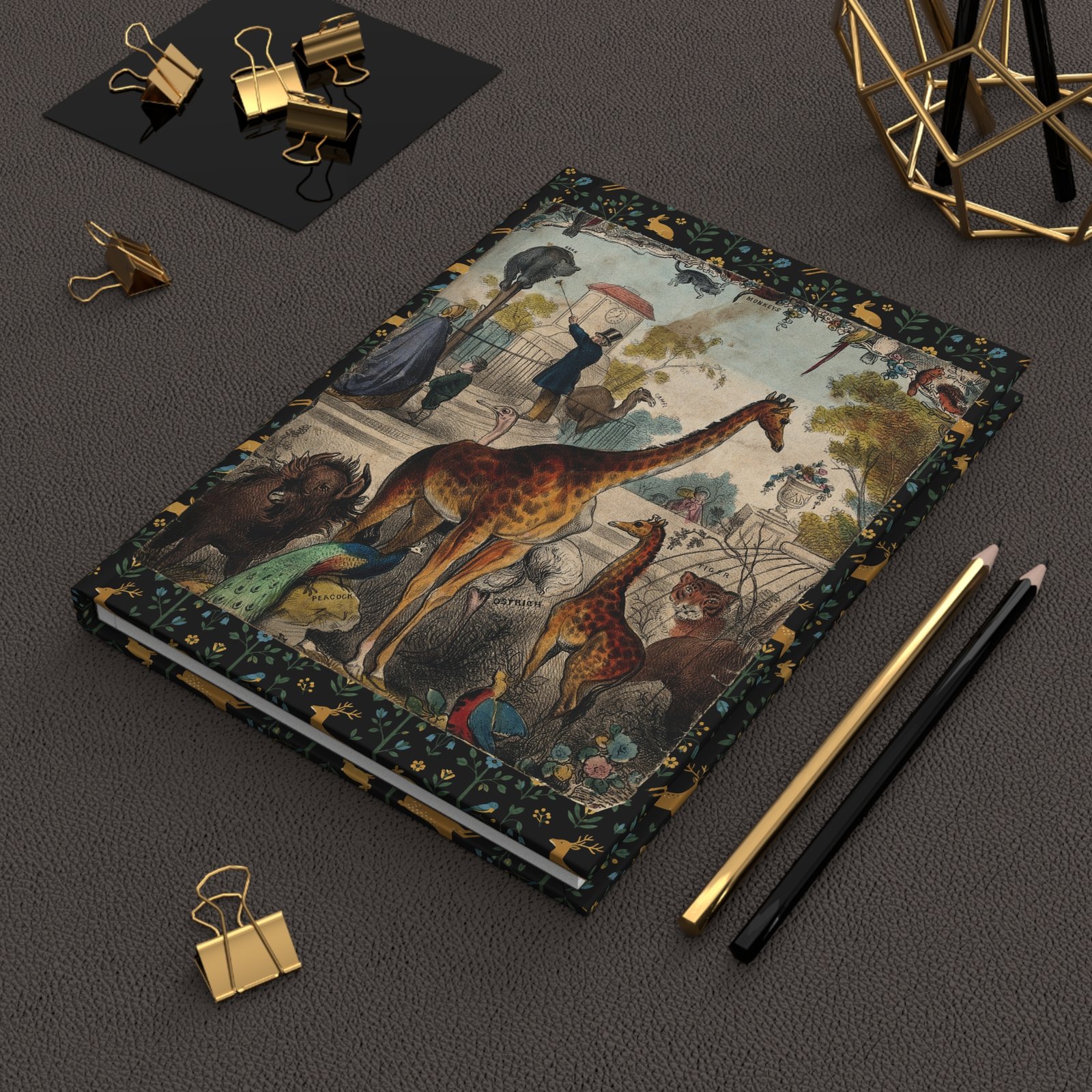 London Zoo Journal Styled with Stationery London Zoo hardcover journal placed on a desk alongside classic stationery tools