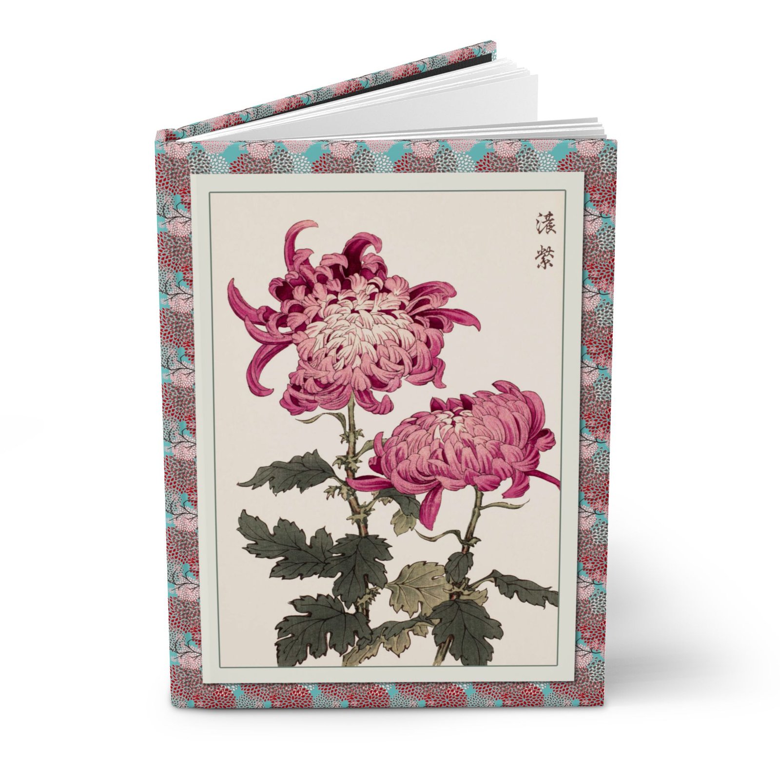 Chrysanthemum Journal - Blank Pages Hero View Front view of a standing slightly open hardcover journal with blank unlined pages showing Keika Hasegawa's 1893 woodblock print of pink chrysanthemums framed by a turquoise and pink floral pattern.