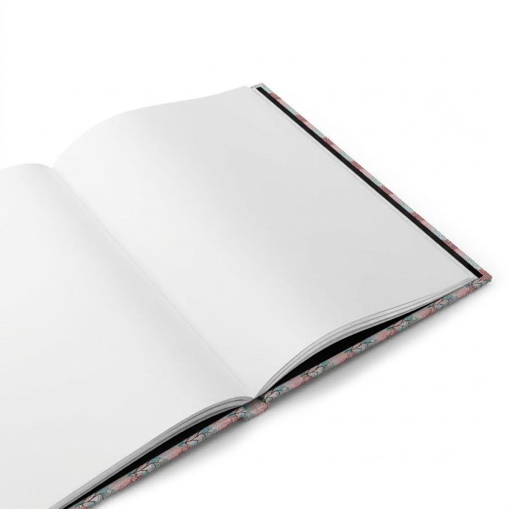 Chrysanthemum Journal - Blank Pages Open View Open view of the Chrysanthemum Hardcover Journal showing plain unlined white pages with black spine trim and a turquoise and pink chrysanthemum patterned cover edge.