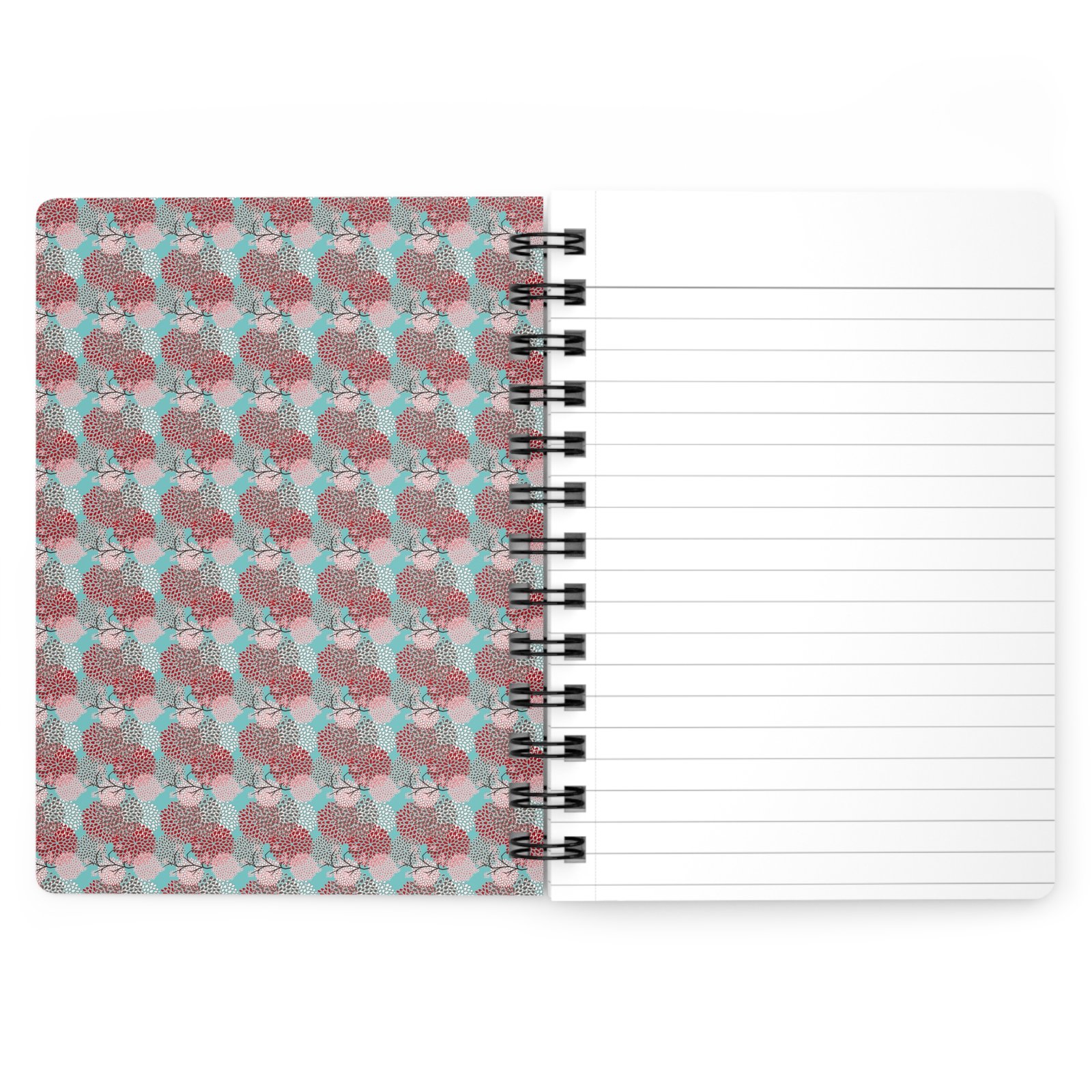Chrysanthemum Spiral Notebook - Inside Front Cover View Open spiral notebook showing the inside front cover printed with a turquoise and pink floral chrysanthemum pattern on the left and lined white notebook pages on the right with black wire-o binding.