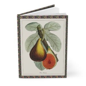 Front view of a standing slightly open hardcover journal displaying a vintage Macfarlane 1872 Ficus carica fig botanical engraving framed by a deep plum pattern of fig fruits, blossoms, and leaves.