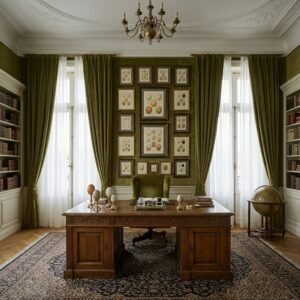 An elegant, wood-paneled office of a senior academic or museum director decorated with framed vintage bird egg plates from the 1901 British Museum oology collection