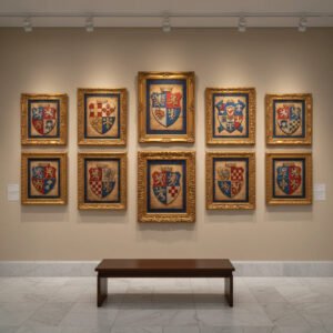 Museum gallery display featuring framed antique European coats of arms and heraldic art plates