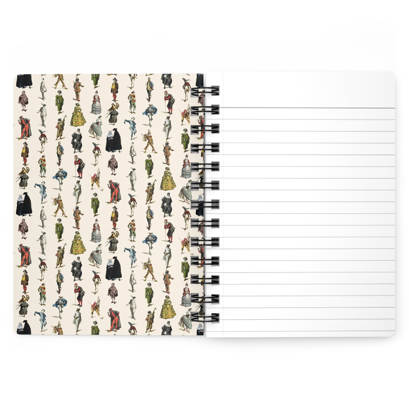 Commedia dell’Arte Spiral Notebook — Open Inside Cover View Open spiral bound Commedia dell’Arte notebook showing the metallic double-wire binding and inside front cover