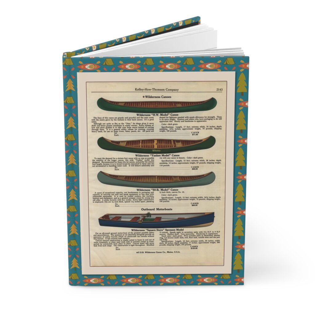 Hardcover vintage canoe catalog journal styled on an outdoor recreation desk in 1920s style.