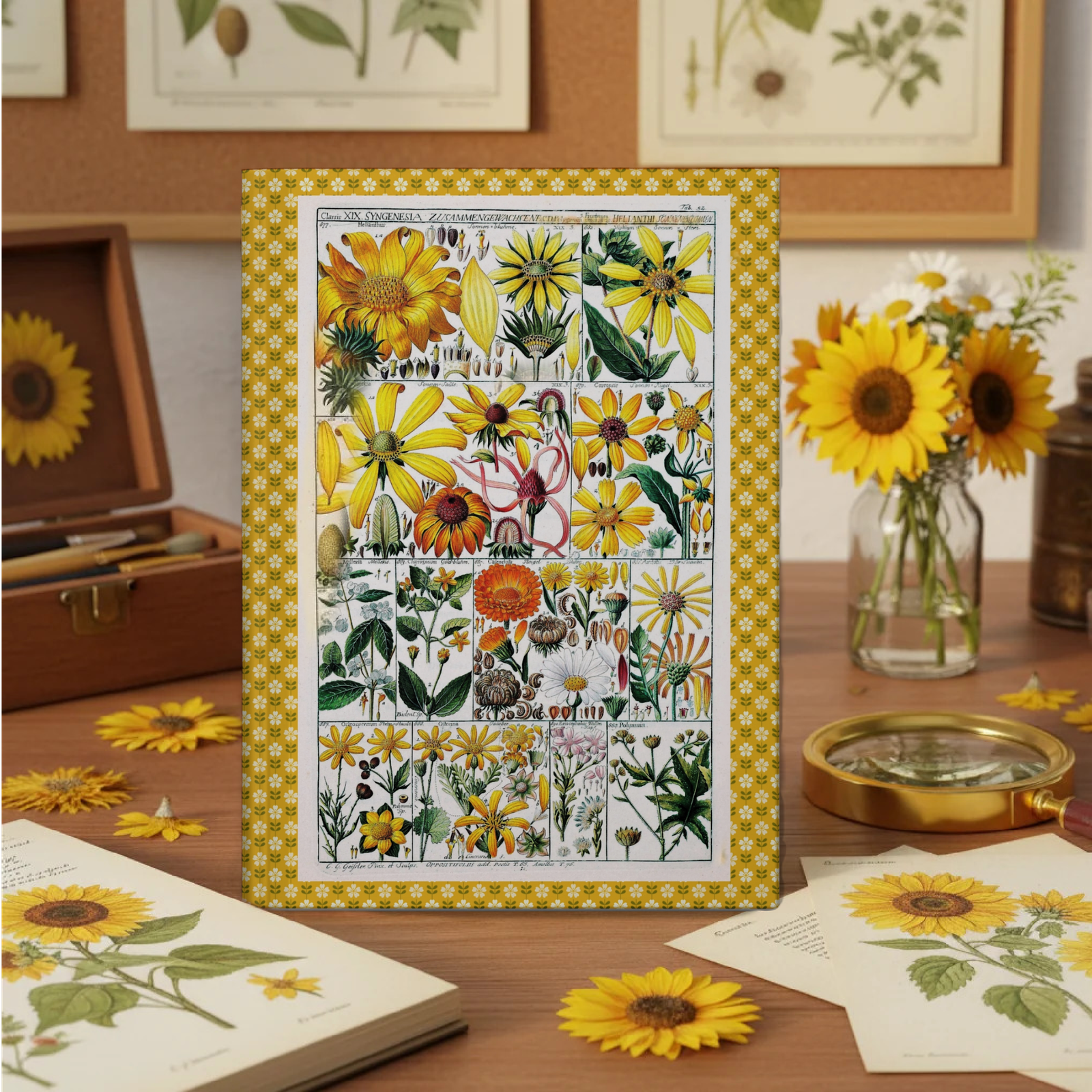 Syngenesia Hardcover Journal — Botanical Workspace Lifestyle Display with Sunflowers Hardcover botanical journal standing on a wooden desk surrounded by fresh sunflowers, vintage botanical prints, and a magnifying glass.
