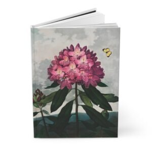 Temple of Flora Pontic Rhododendron hardcover journal standing slightly open, showing lined pages inside and Robert John Thornton 1799 botanical illustration cover art.