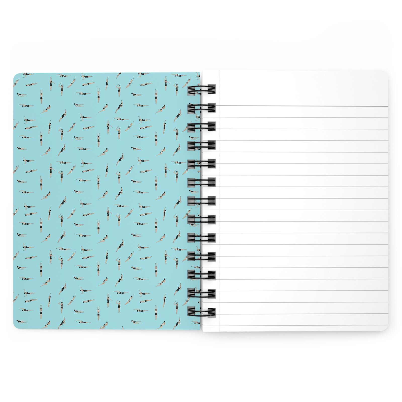 Vintage Swimmers Pattern Spiral Notebook - Inside Front Cover An open spiral notebook showing the inside front cover with a repeat pattern of tiny swimmer figures on a light blue background, bound with a black metal coil next to a lined white page.