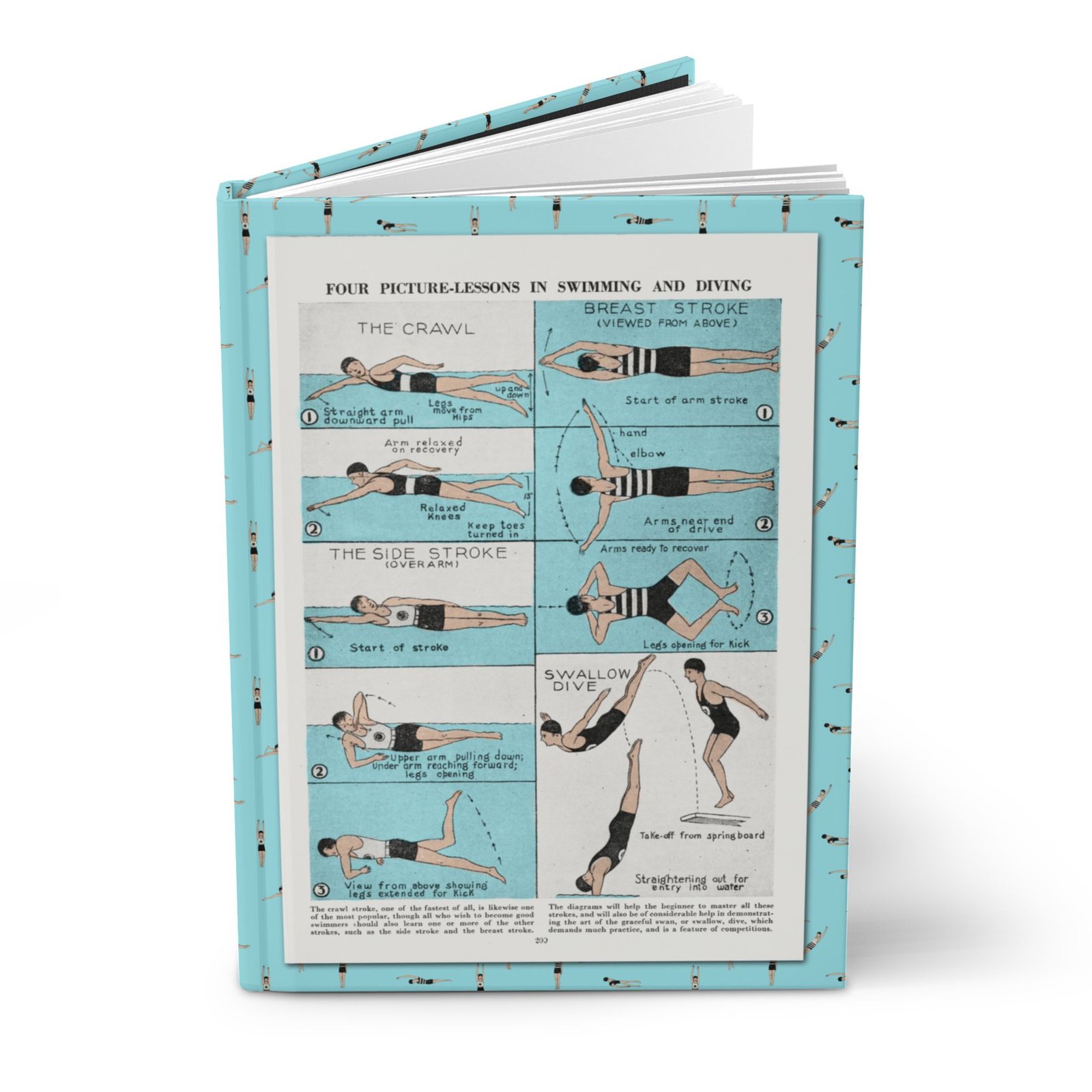 Vintage Swimming Lessons Hardcover Journal - Slightly Open View Front perspective view of a light blue hardcover swimming journal standing slightly open at the top, featuring a central vintage illustration panel titled "Four Picture-Lessons in Swimming and Diving" against a plain white background.