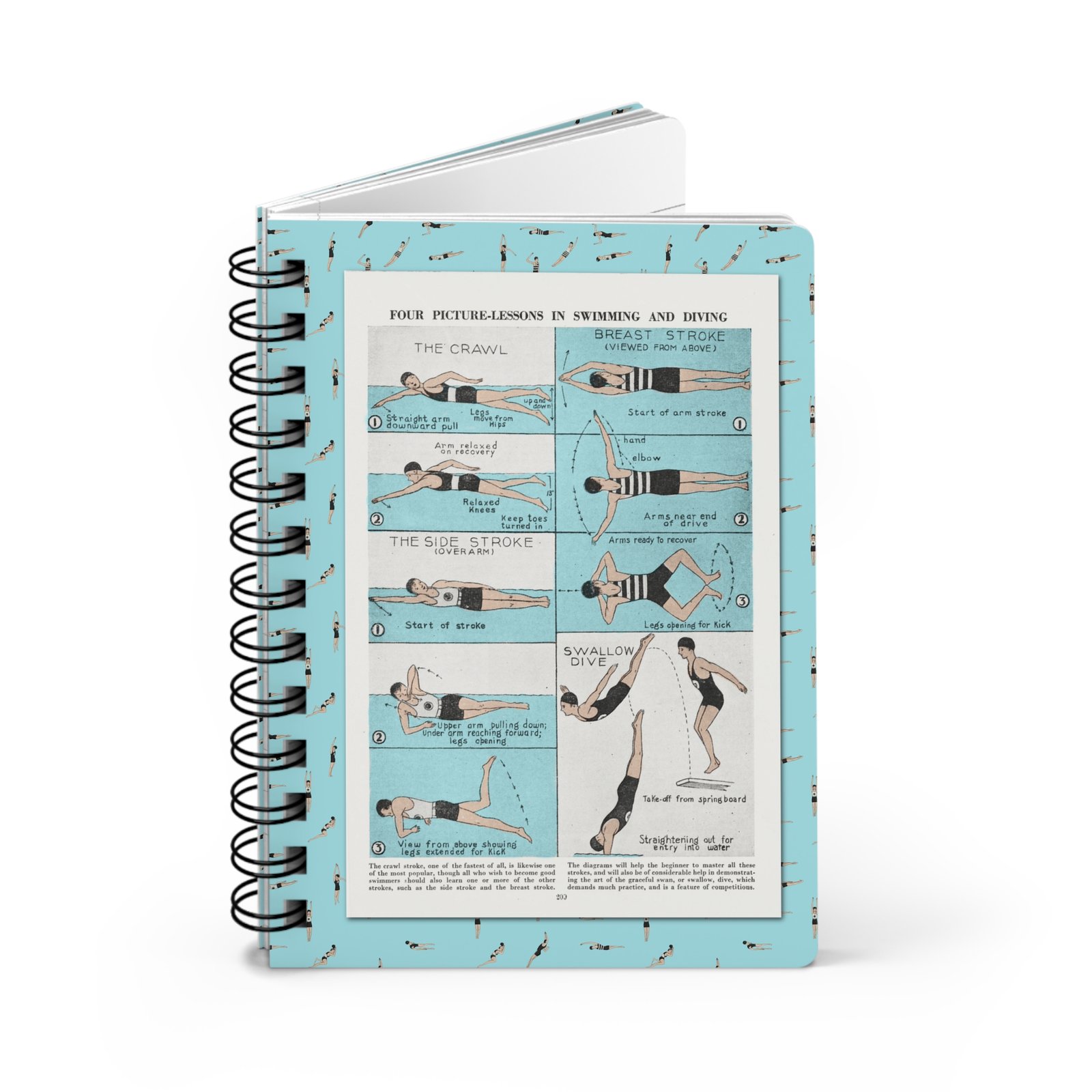 Vintage Swimming Lessons Spiral Notebook - Slightly Open View Front perspective view of a light blue spiral notebook standing slightly open at the top with a black wire binding, featuring a central vintage illustration panel titled "Four Picture-Lessons in Swimming and Diving" against a plain white background.