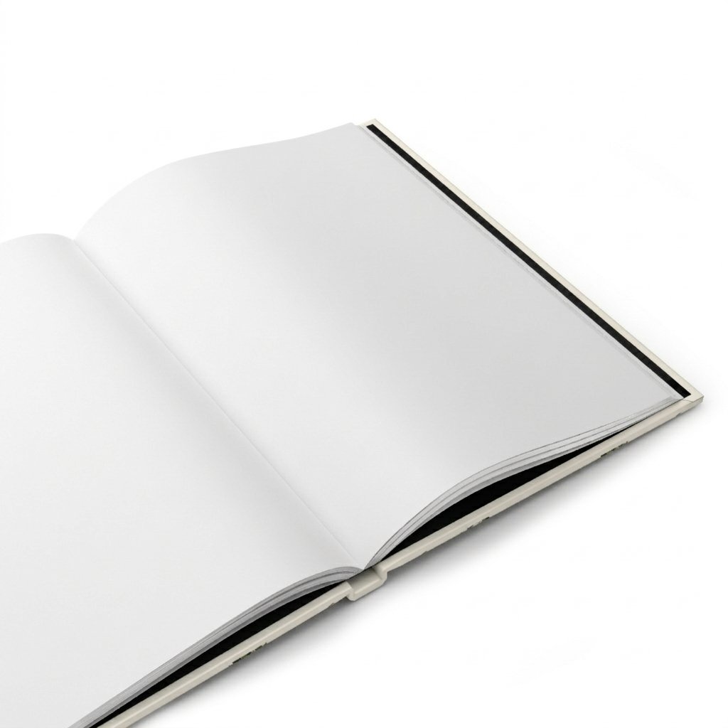 Commedia dell’Arte Journal — Open Blank Interior Pages Detail View Angled top view of the open Commedia dell’Arte journal showing smooth blank white pages without lines